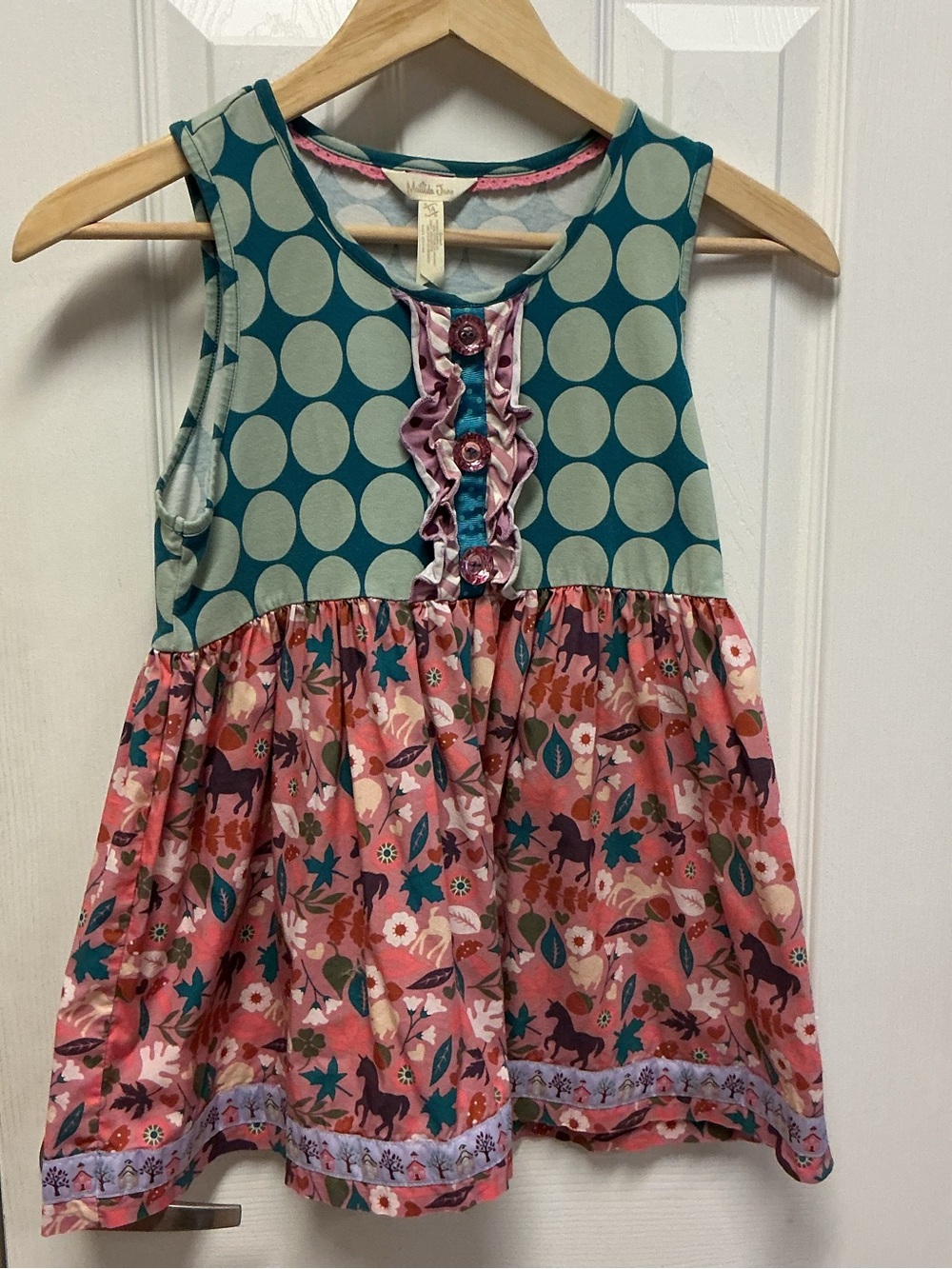 Matilda Jane Teal Polka Dot Whimsical Unicorn Floral Skirt SZ 14 tunic top